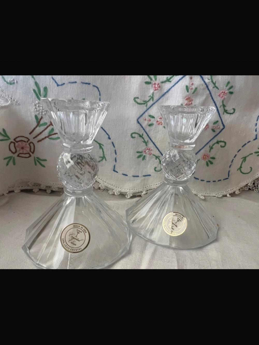 Clear Cut-Glass Crystal Candle Holders - Pair
